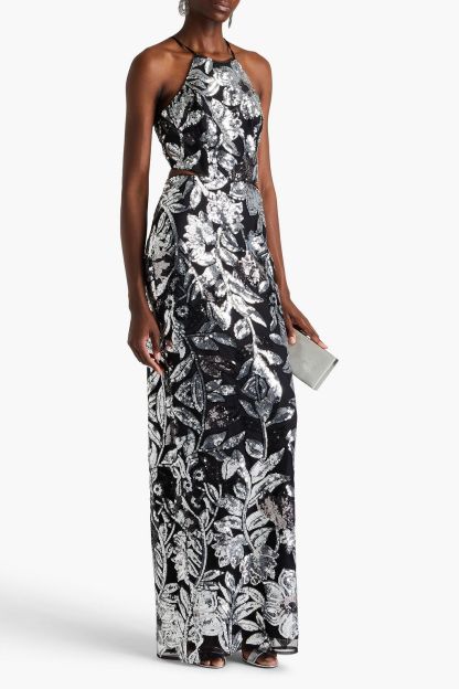 Sequin Floral Halter Neck Tie-Up Maxi Dress