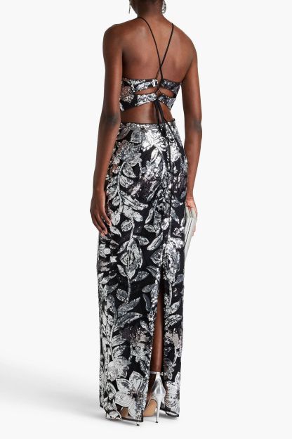 Sequin Floral Halter Neck Tie-Up Maxi Dress