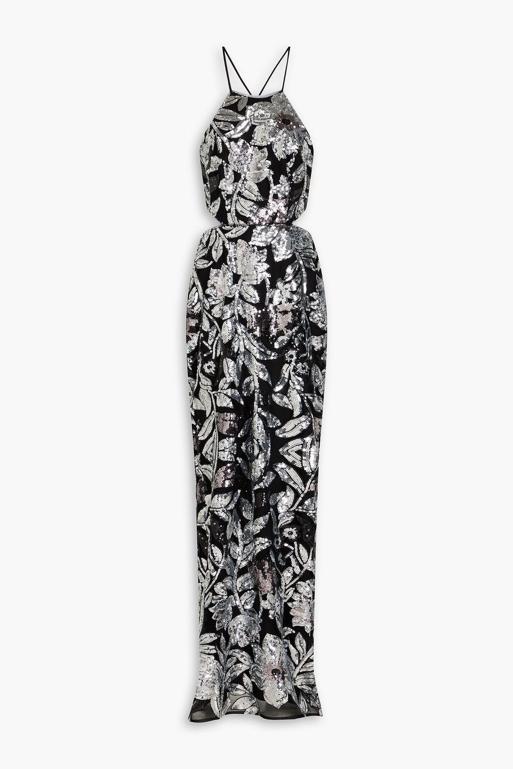 Sequin Floral Halter Neck Tie-Up Maxi Dress