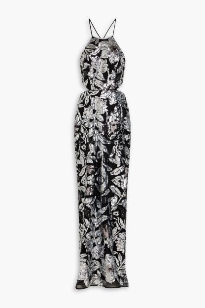 Sequin Floral Halter Neck Tie-Up Maxi Dress