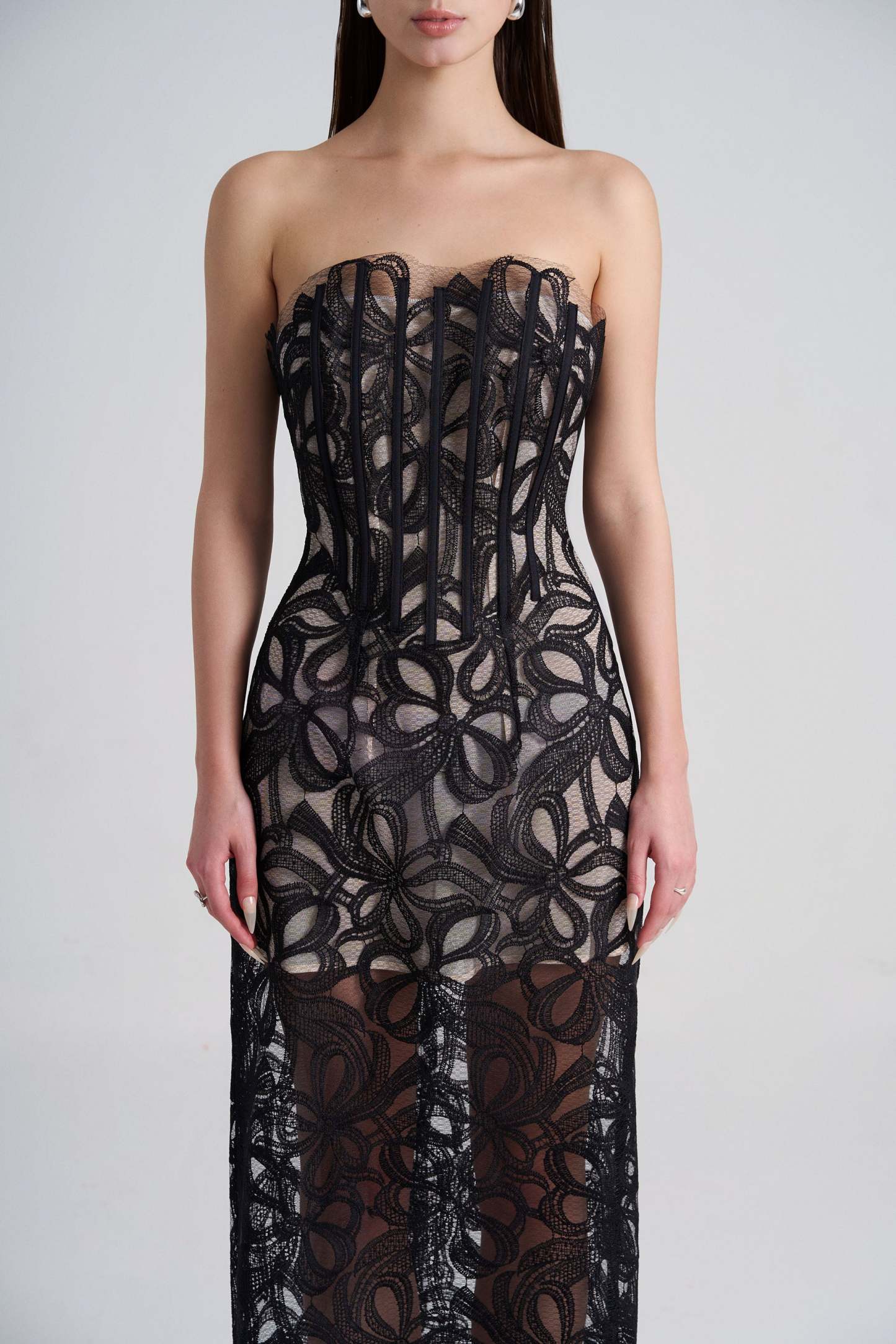 Lace Off-Shoulder See-Through Midi Dress