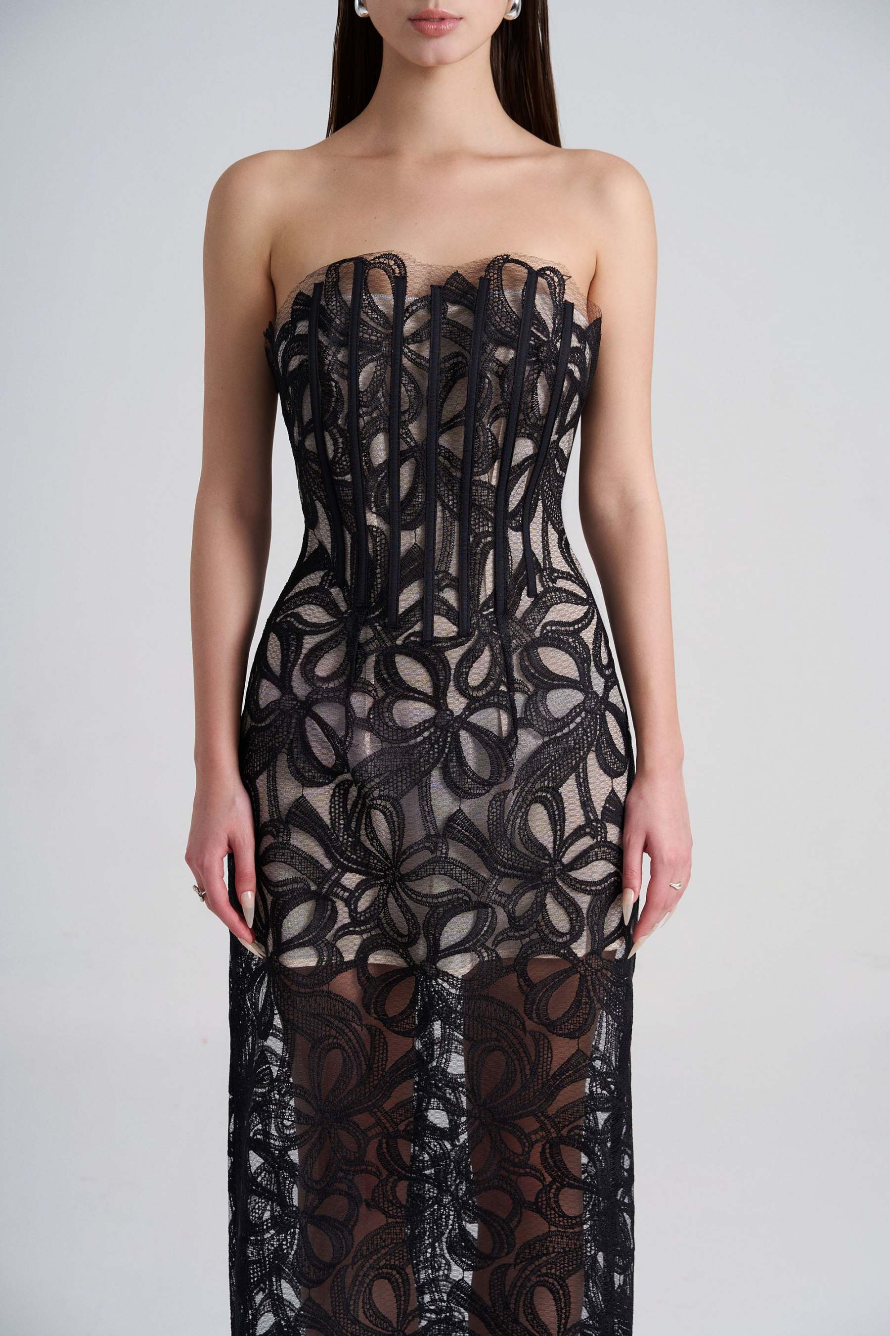 Lace Off-Shoulder See-Through Midi Dress