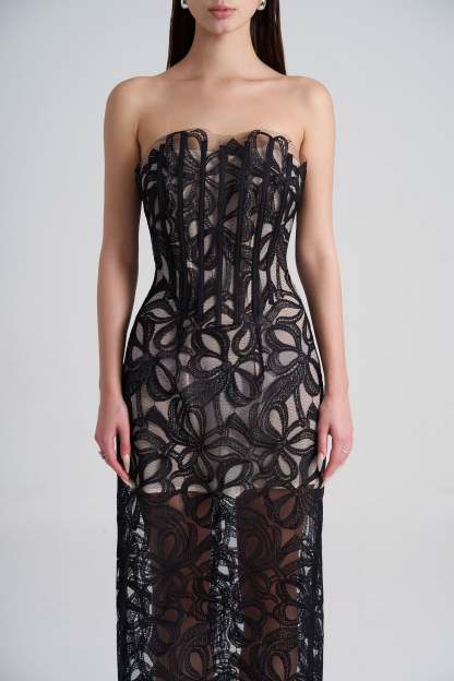 Lace Off-Shoulder See-Through Midi Dress