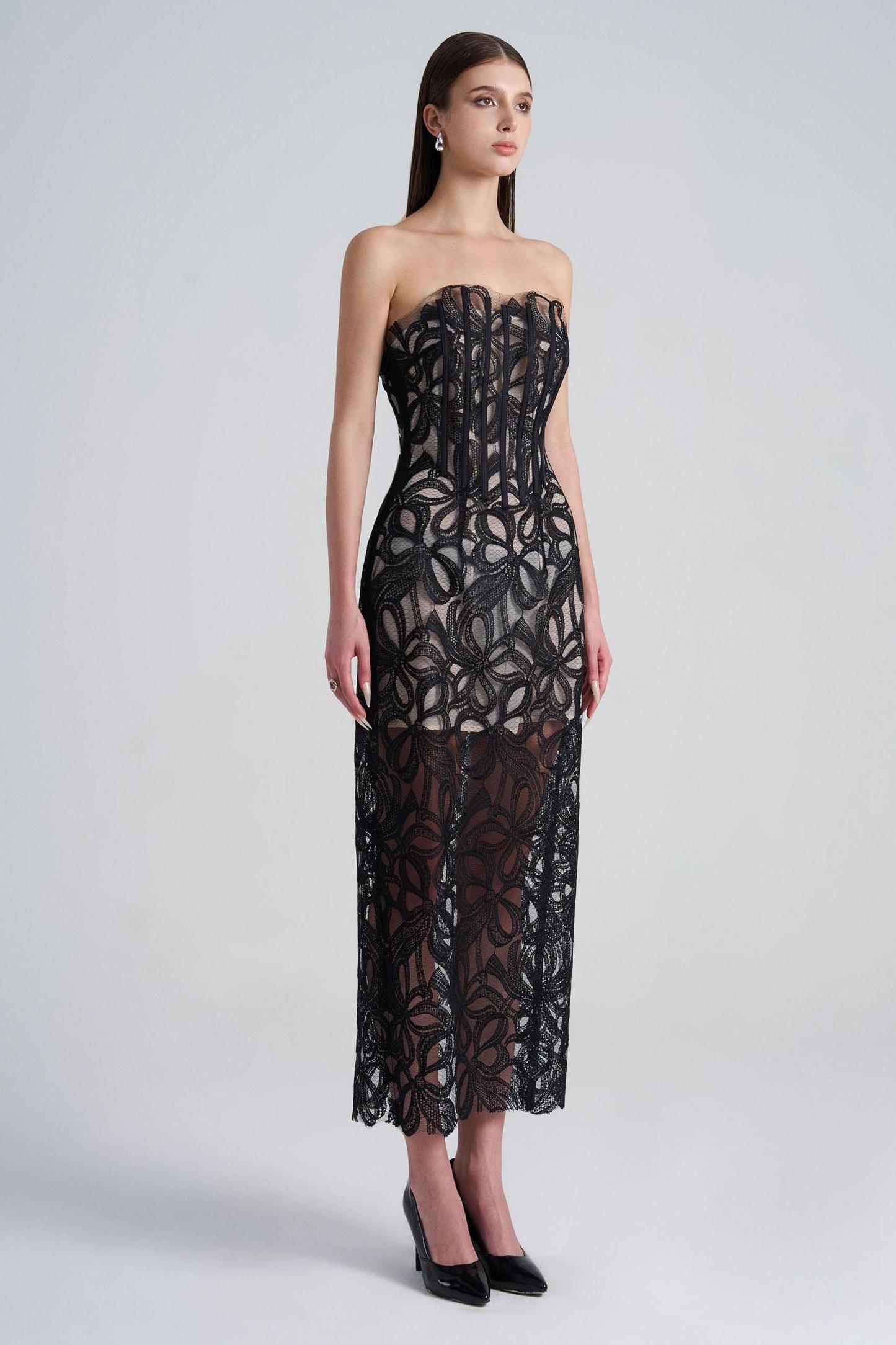Lace Off-Shoulder See-Through Midi Dress