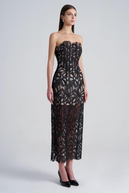 Lace Off-Shoulder See-Through Midi Dress