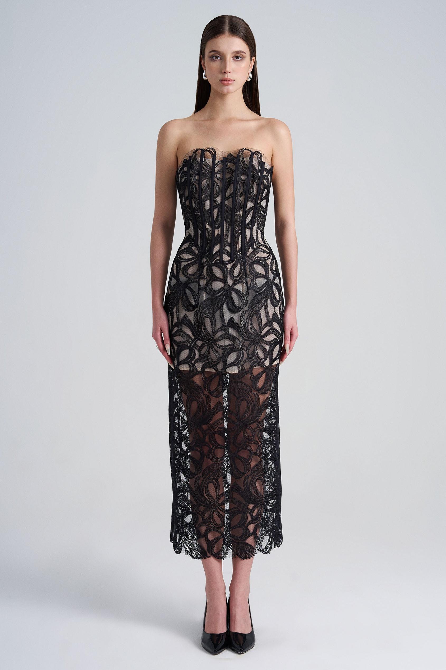 Lace Off-Shoulder See-Through Midi Dress