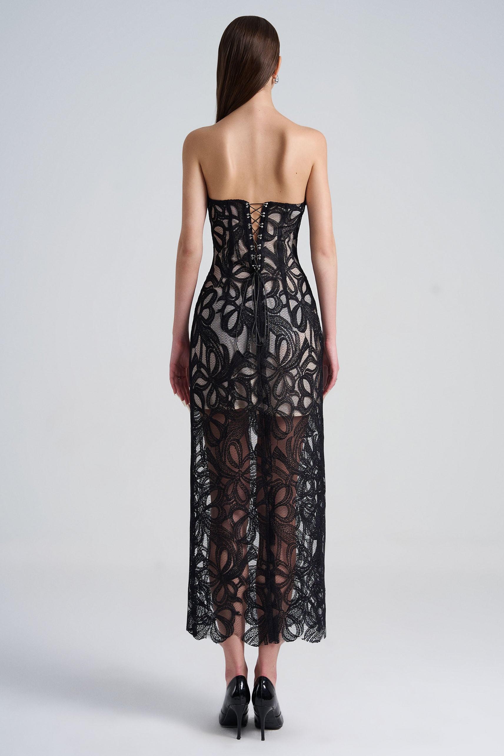 Lace Off-Shoulder See-Through Midi Dress