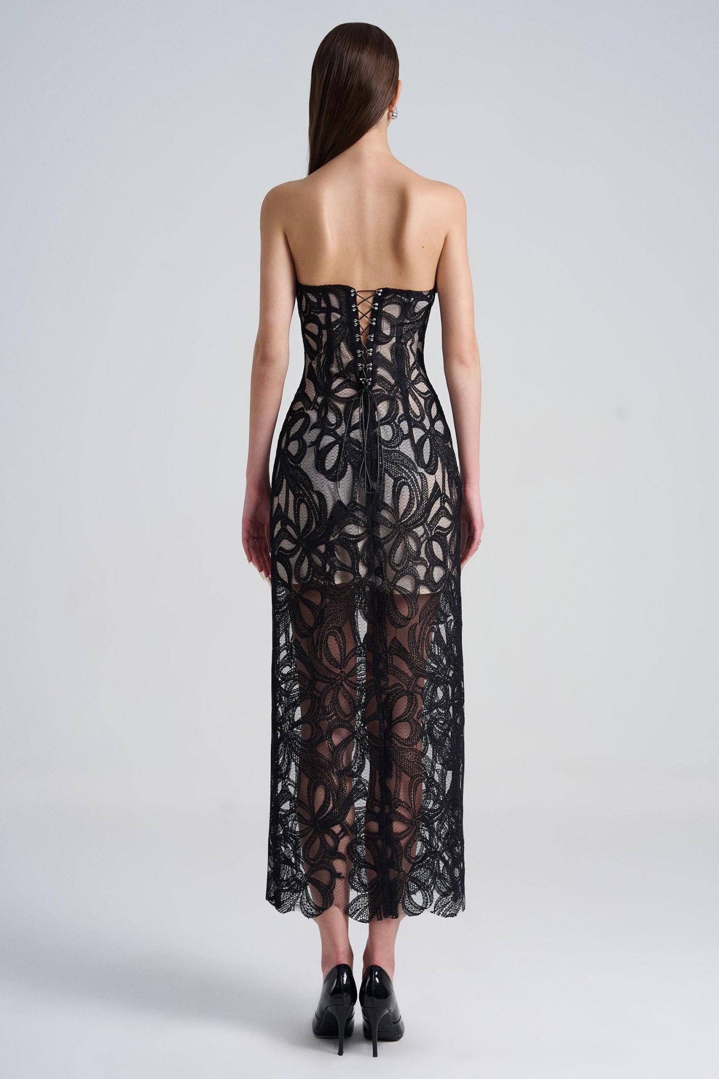 Lace Off-Shoulder See-Through Midi Dress