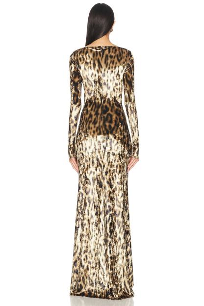 Velvet Leopard Print Boat Neck Maxi Dress