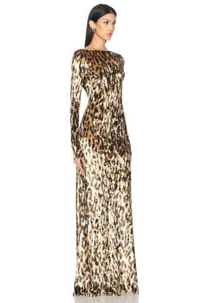 Leopard Print Round Neck Velvet  Maxi Dress