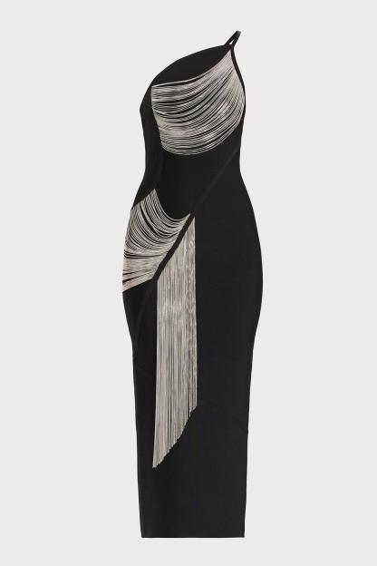 Bandage One-Shoulder Tassel Midi Dress