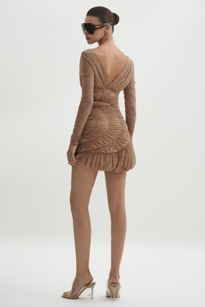 Mesh Gathering Long Sleeve Mini Dress