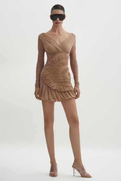 Mesh Gathering Long Sleeve Mini Dress