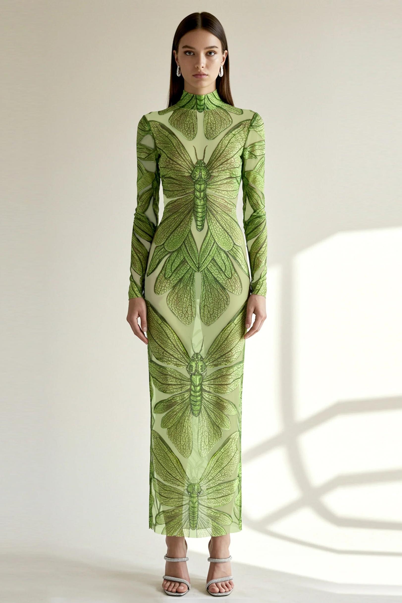 Mesh Insect Print Long Sleeve Maxi Dress