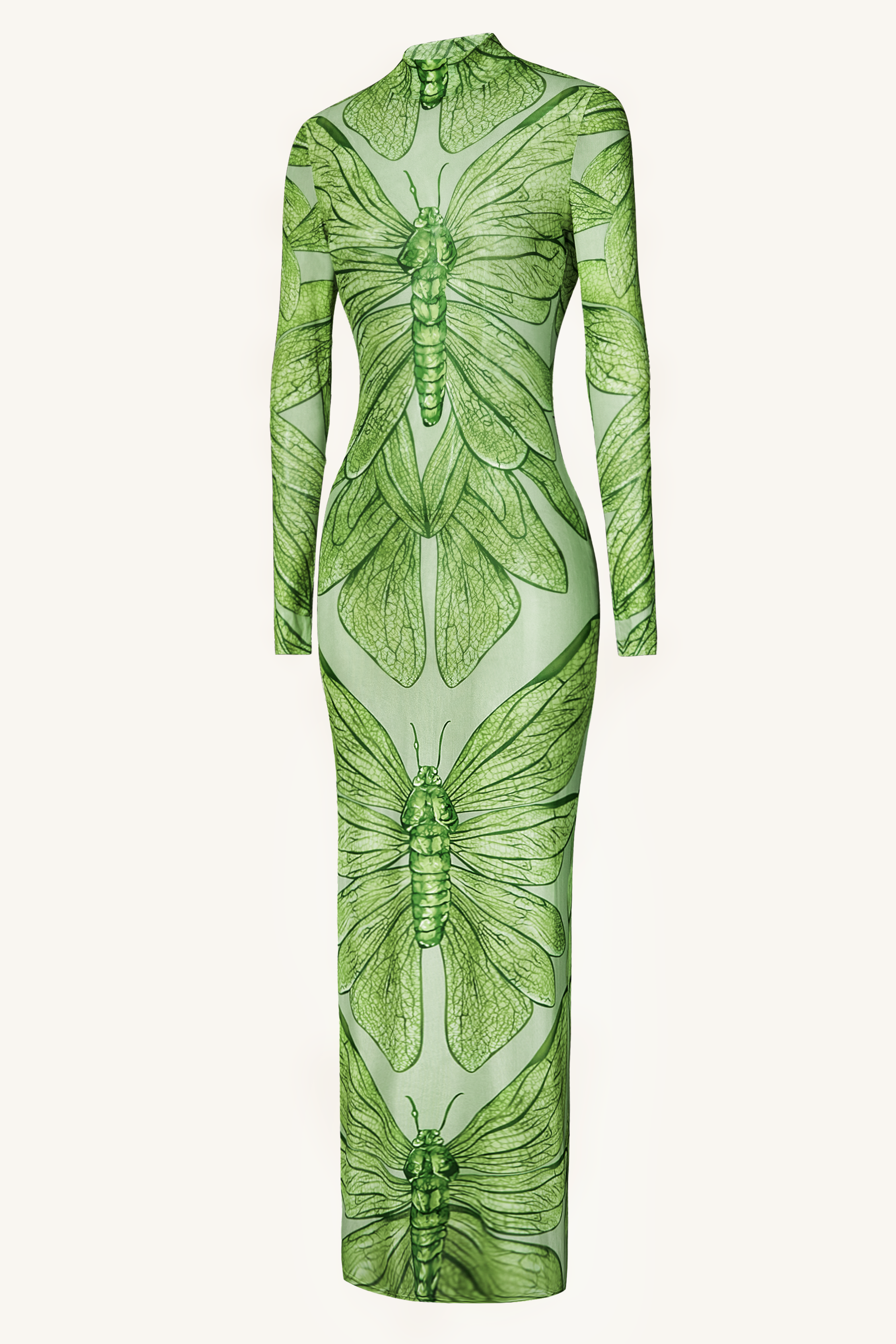 Mesh Insect Print Long Sleeve Maxi Dress