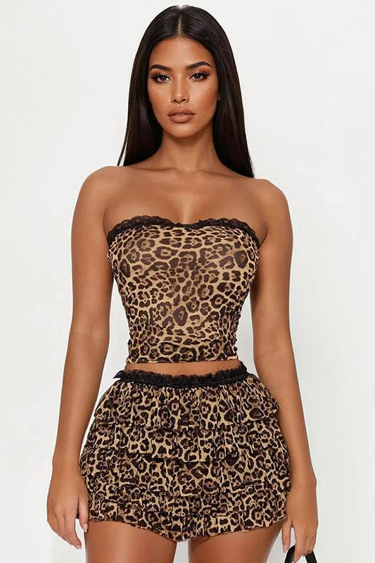 Lace Splicing Leopard Print Top & Mini Skirt Set