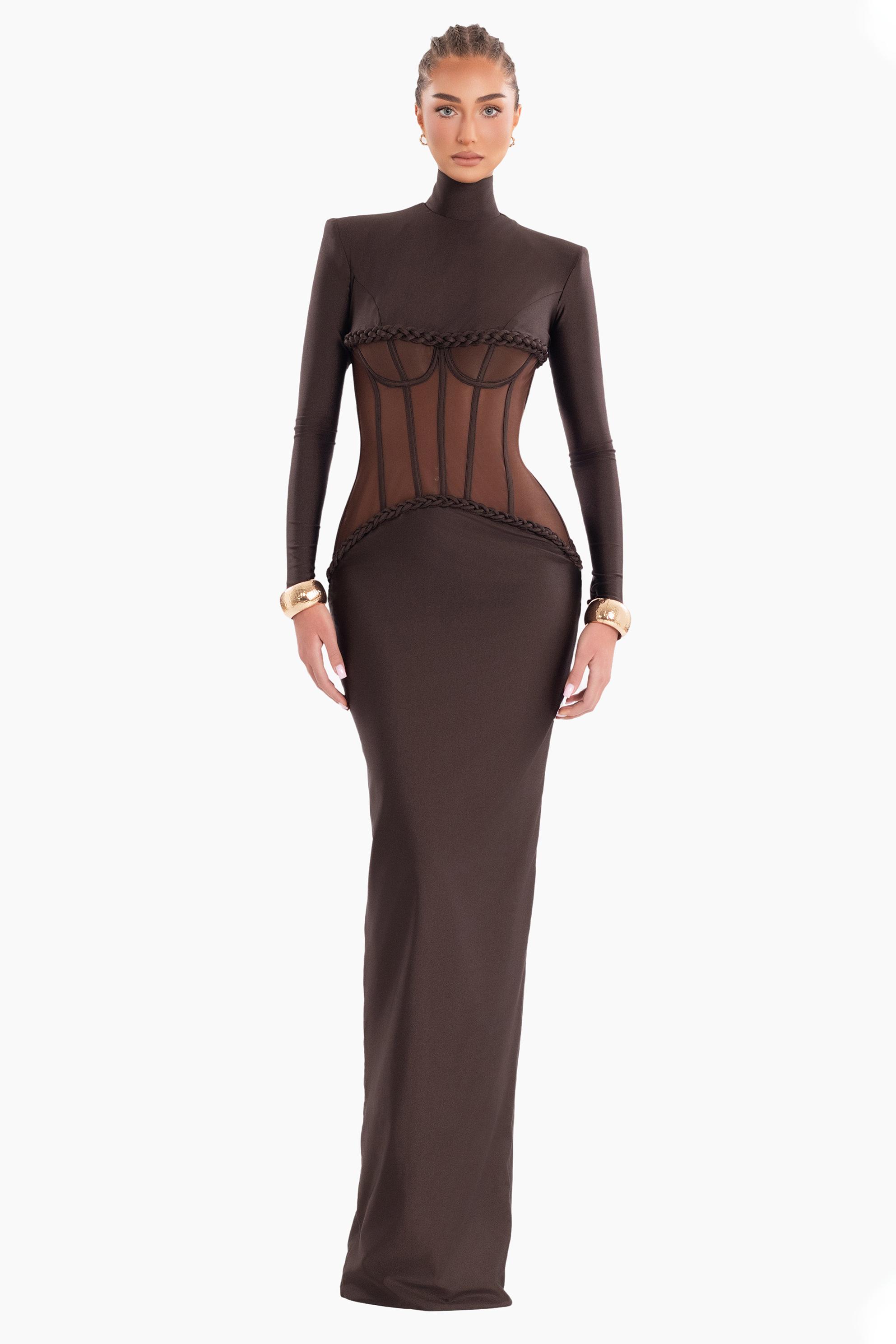 Solid Decorative Rope Long Sleeve Maxi Dress