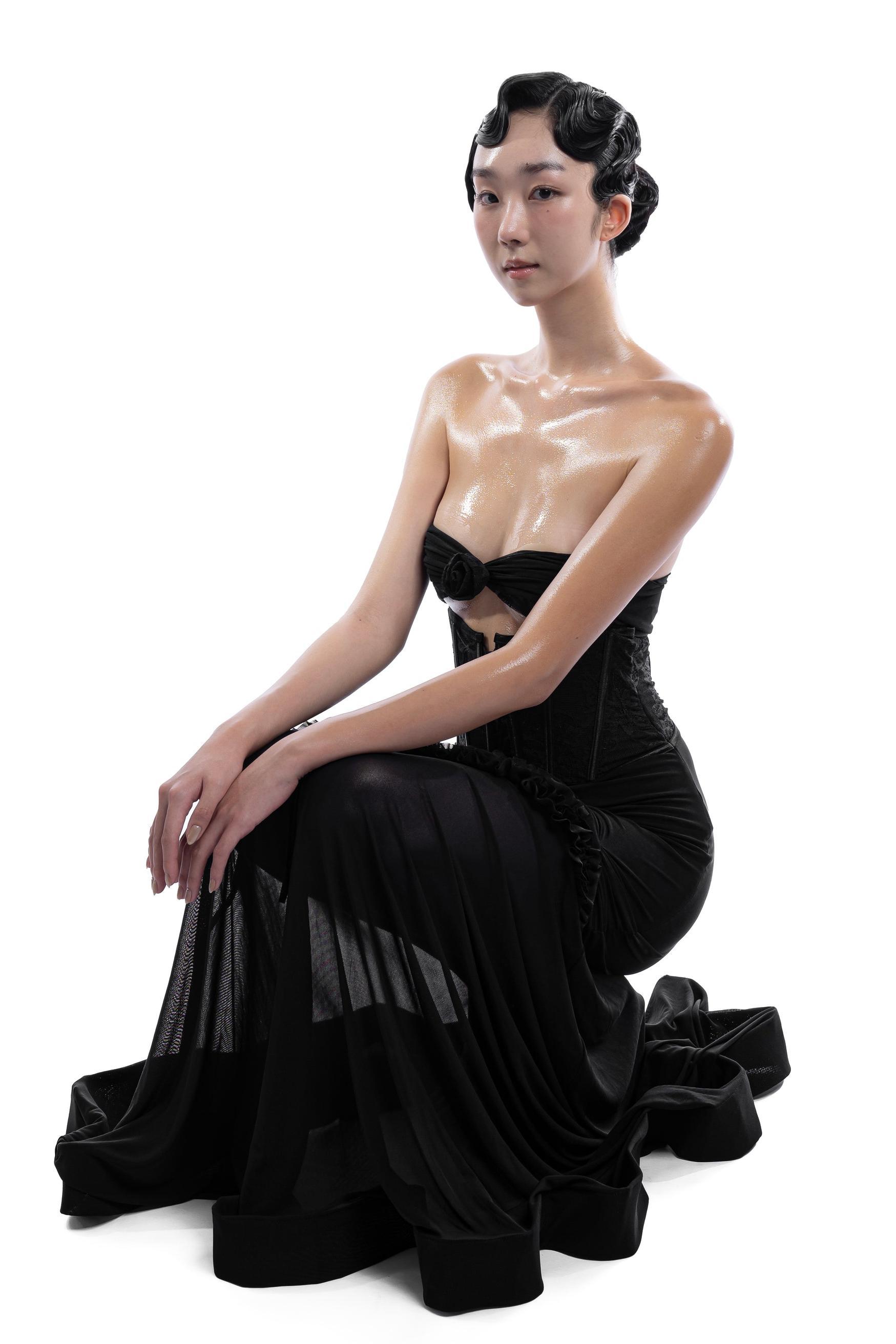 3D Flower Mesh Cut-Out Corset Maxi Dress