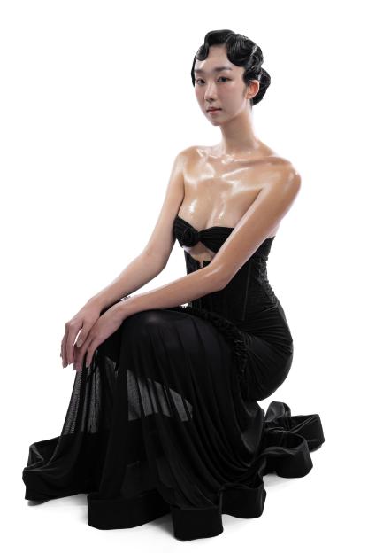 3D Flower Mesh Cut-Out Corset Maxi Dress