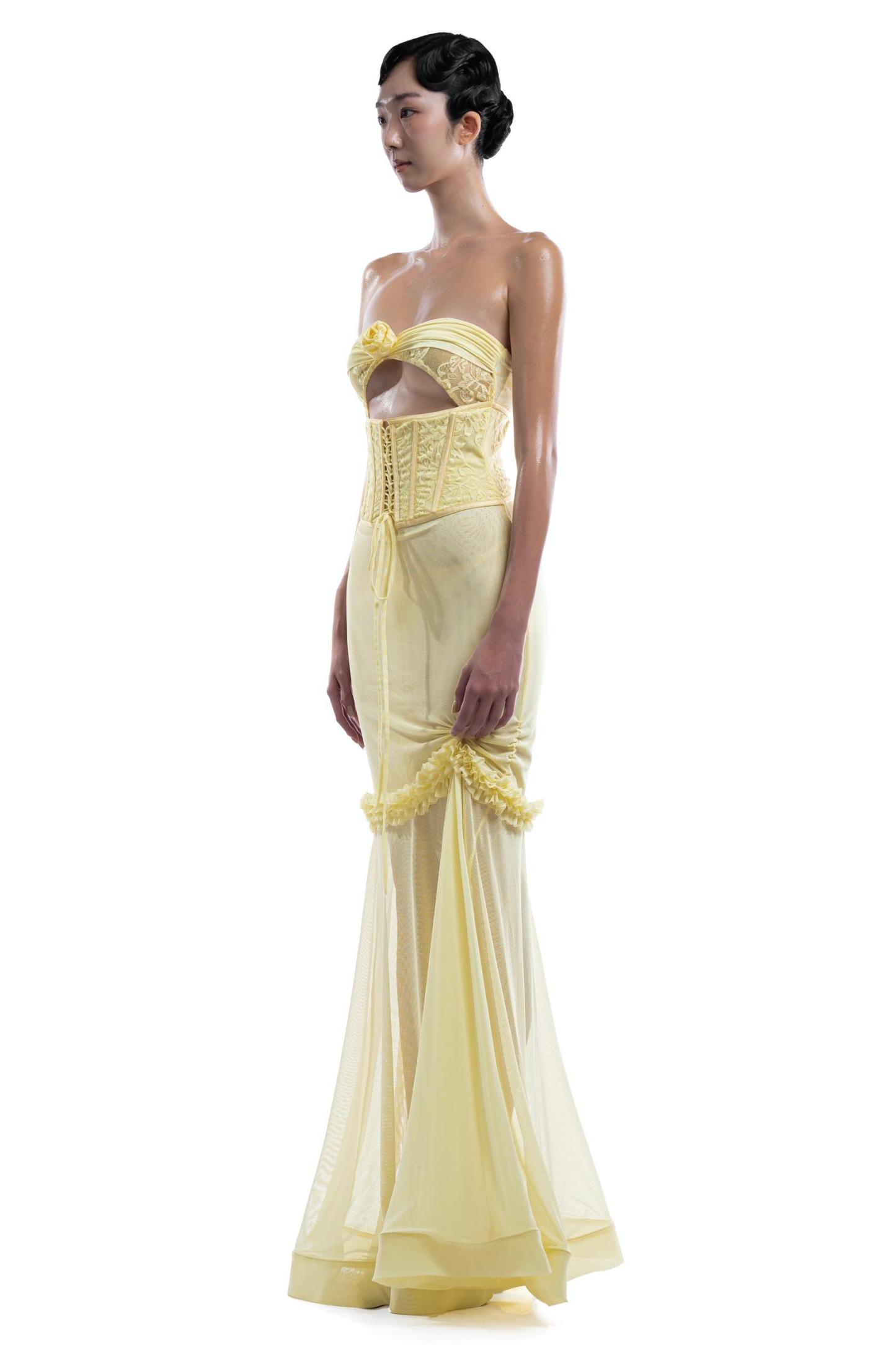 3D Flower Mesh Cut-Out Corset Maxi Dress