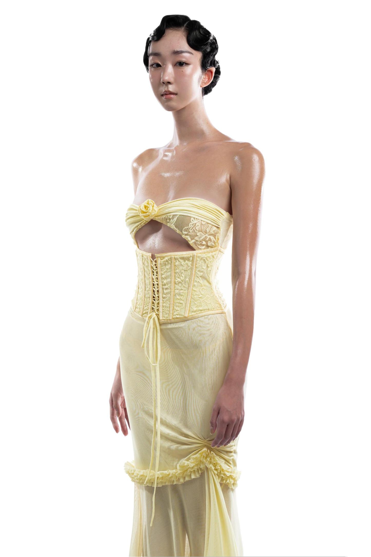 3D Flower Mesh Cut-Out Corset Maxi Dress