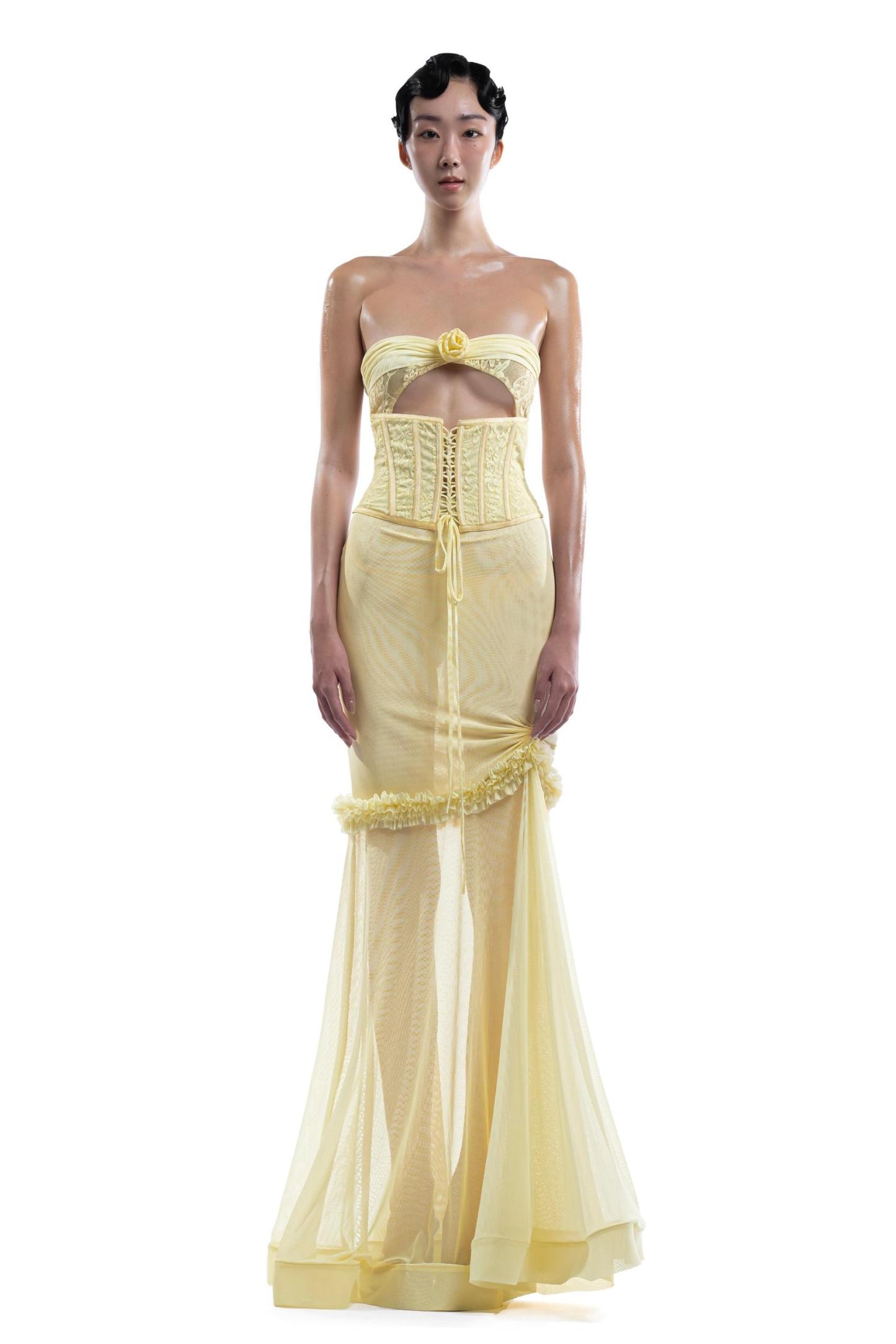 3D Flower Mesh Cut-Out Corset Maxi Dress