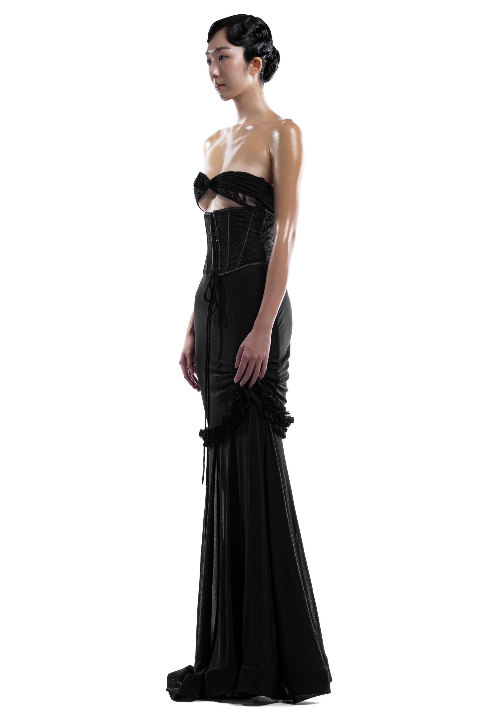 3D Flower Mesh Cut-Out Corset Maxi Dress