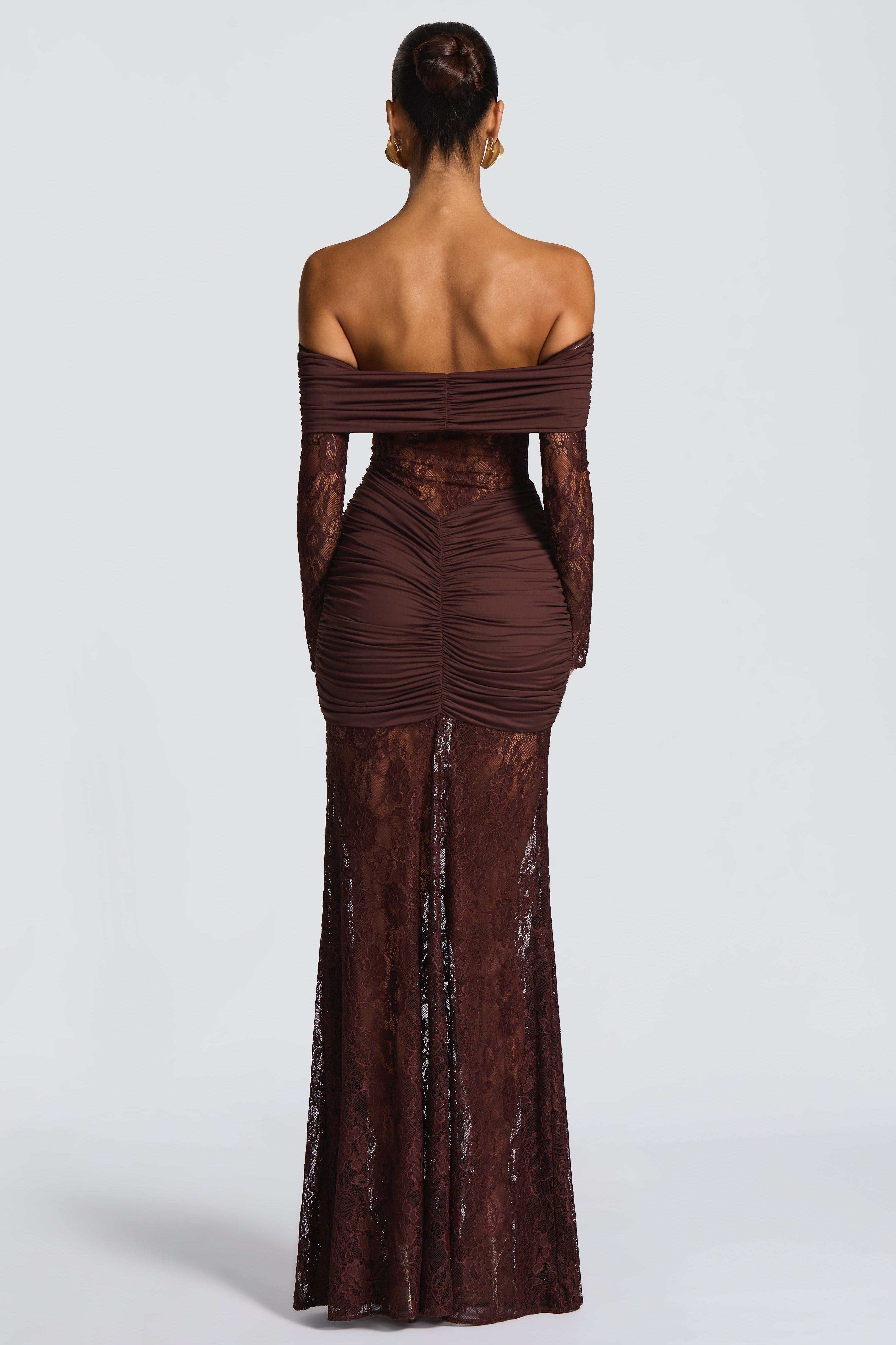 Lace Long Sleeve Strapless Maxi Dress