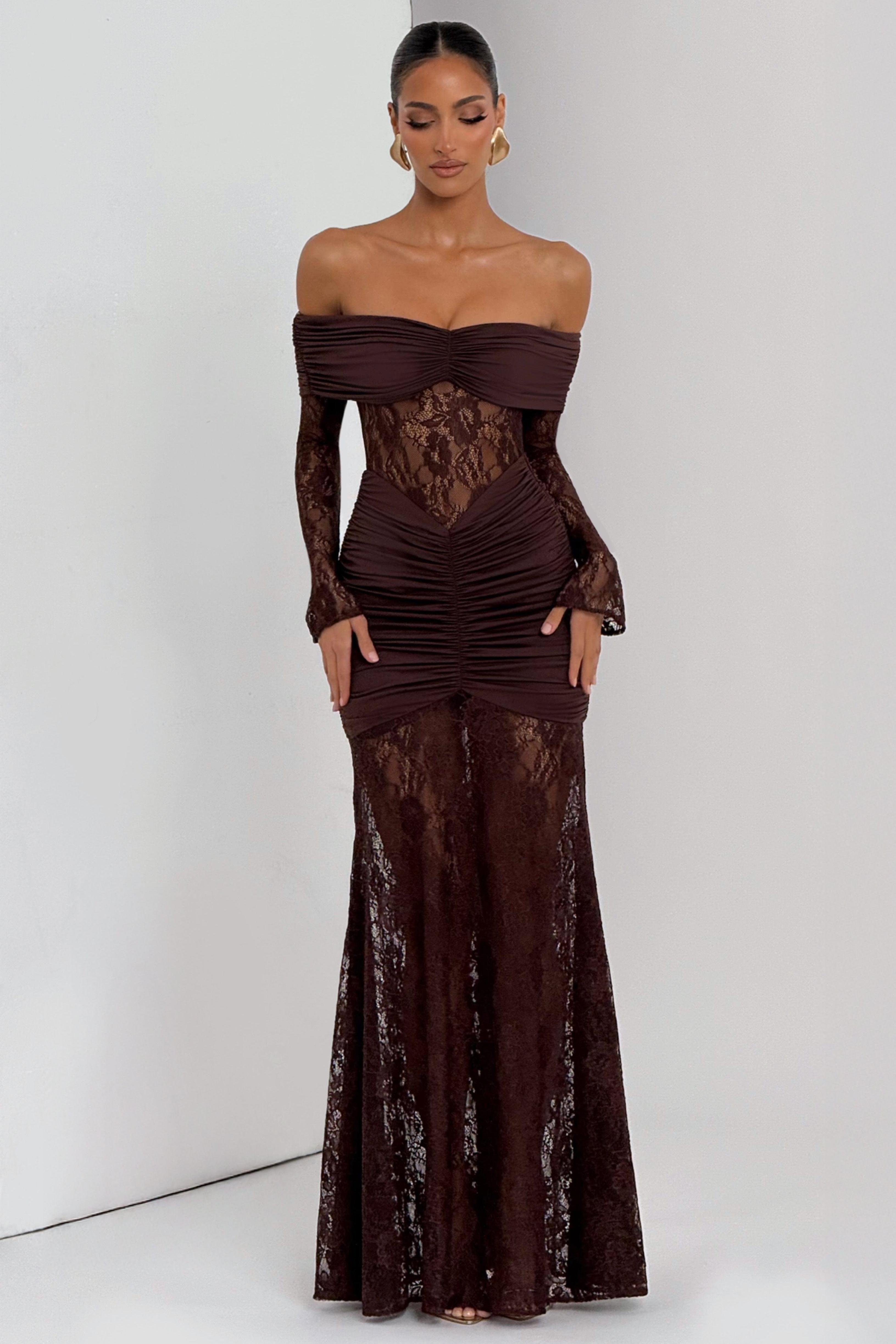 Lace Long Sleeve Strapless Maxi Dress