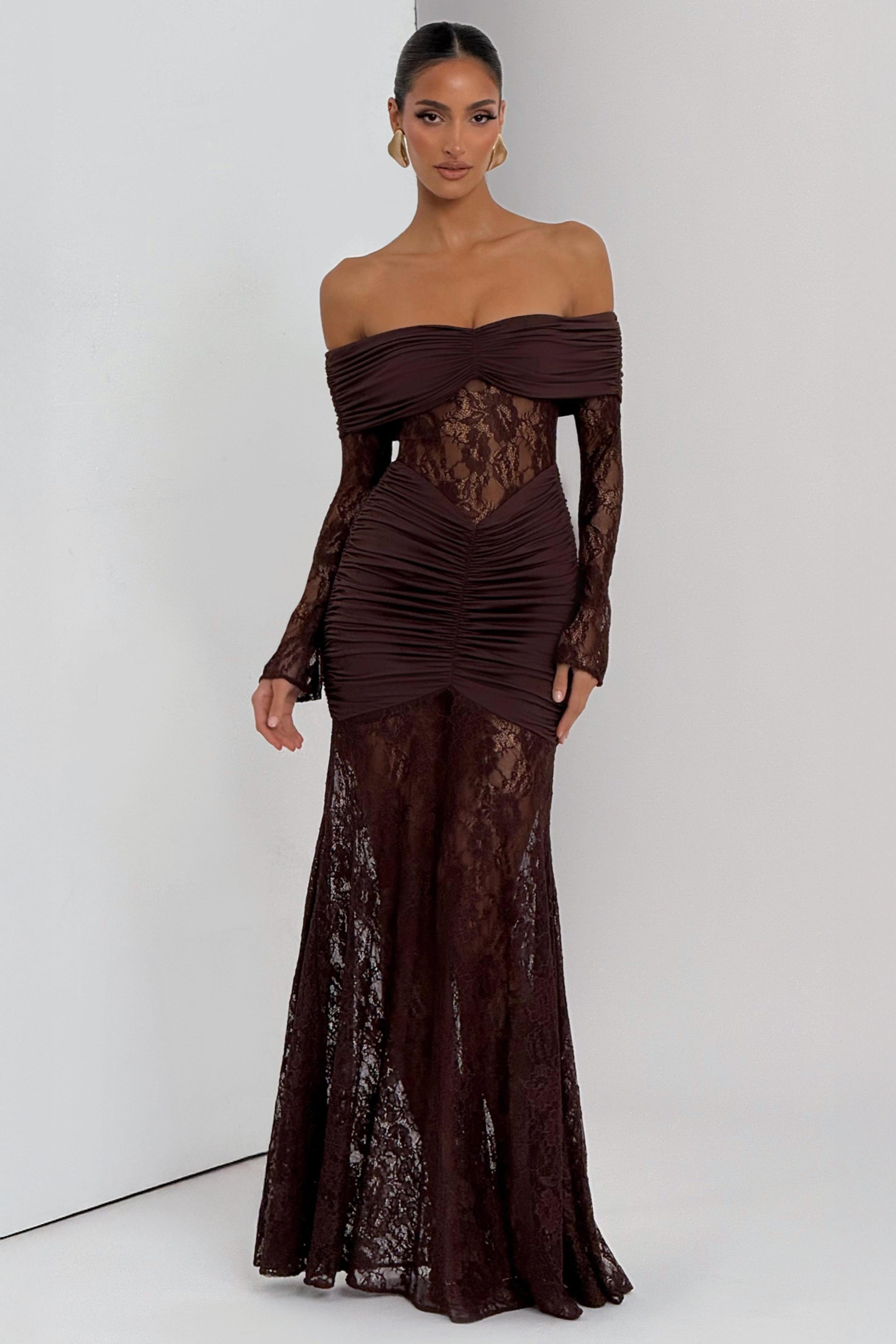 Lace Long Sleeve Strapless Maxi Dress