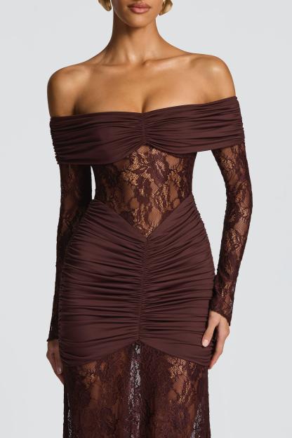 Lace Long Sleeve Strapless Maxi Dress