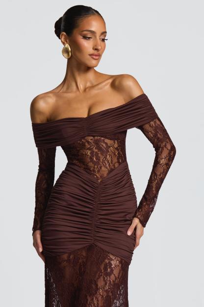 Lace Long Sleeve Strapless Maxi Dress