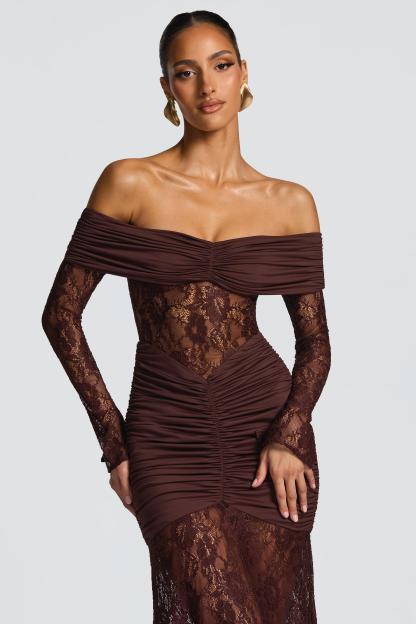 Lace Long Sleeve Strapless Maxi Dress