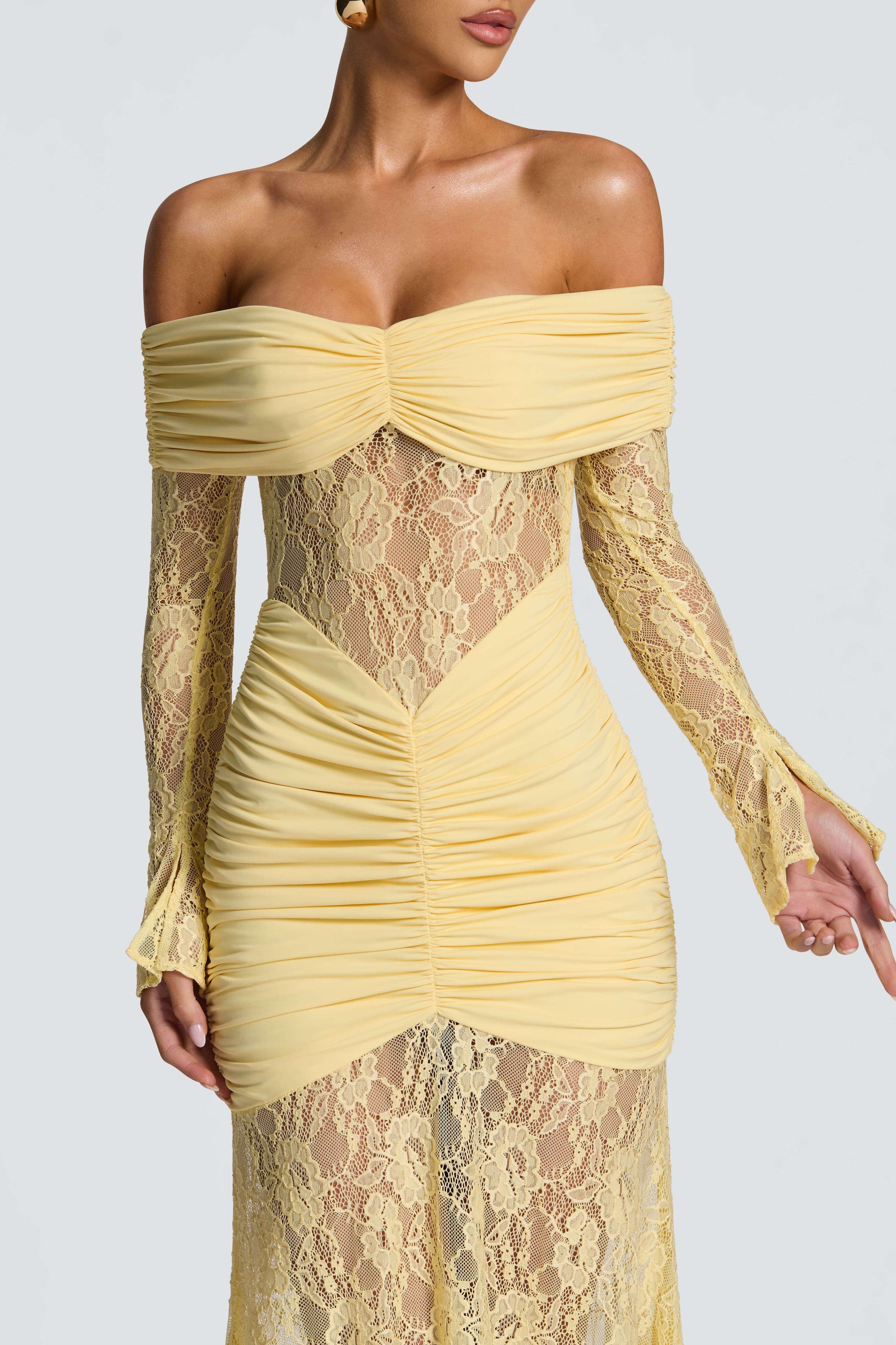 Lace Long Sleeve Strapless Maxi Dress