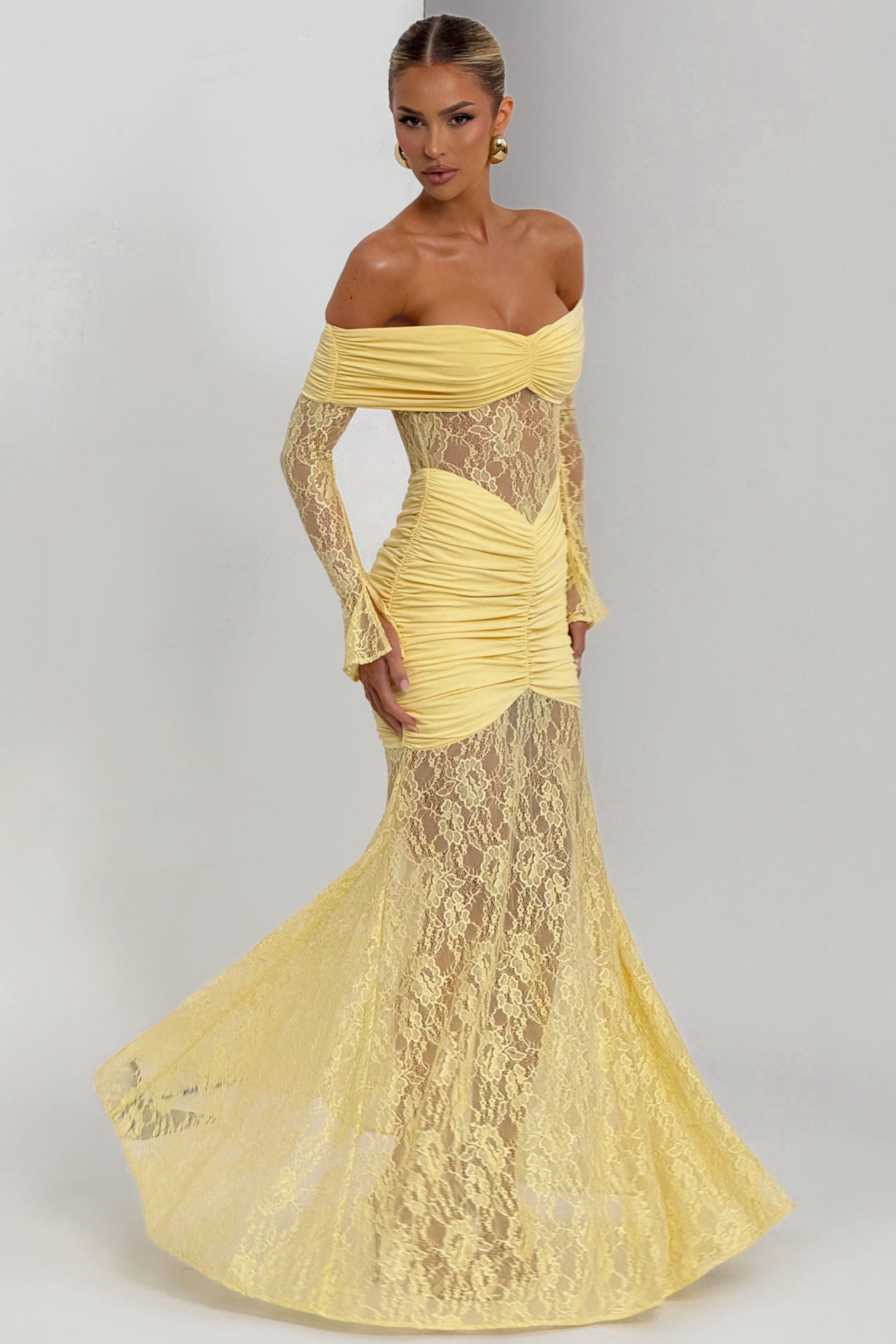 Lace Long Sleeve Strapless Maxi Dress