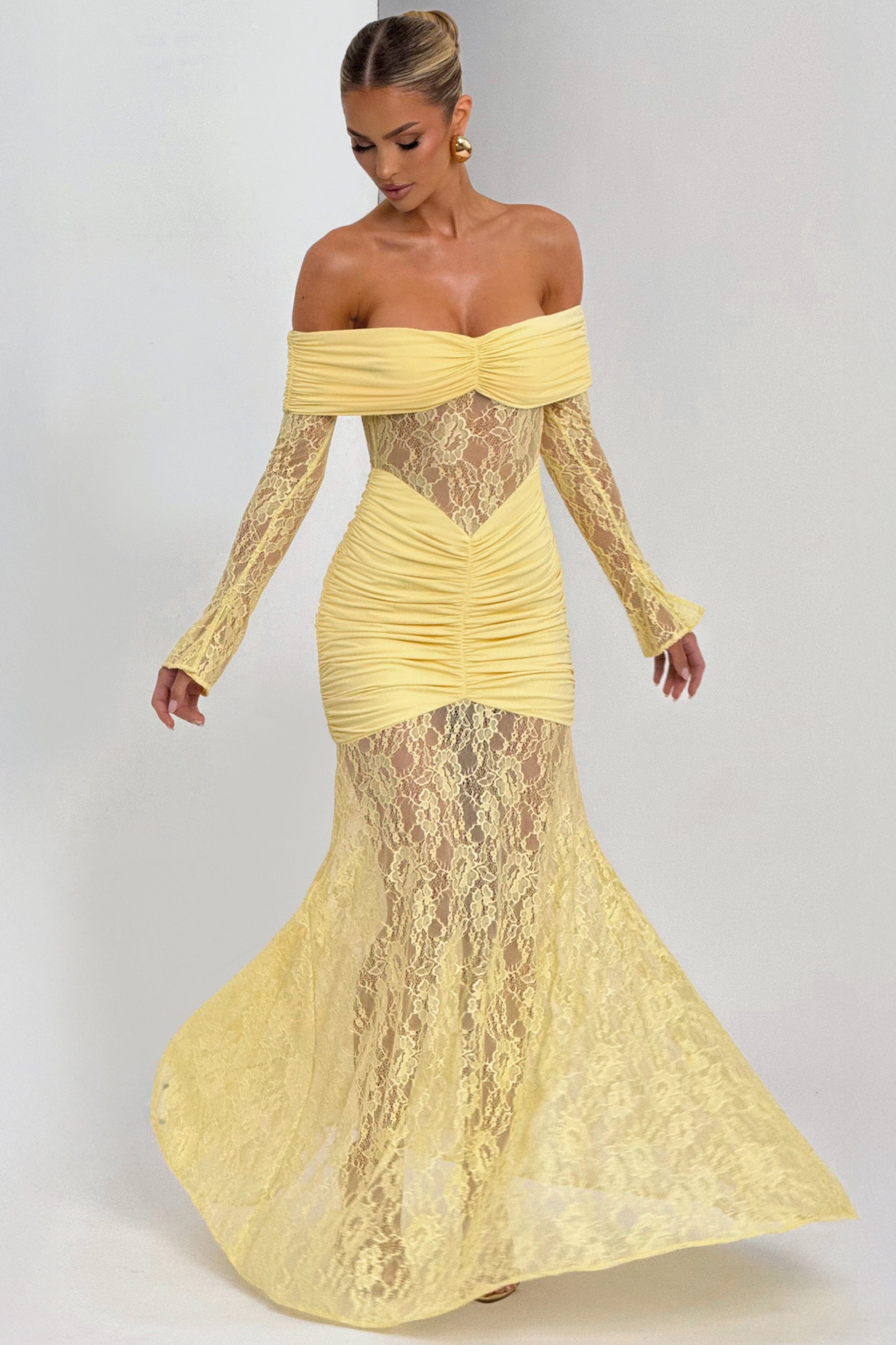 Lace Long Sleeve Strapless Maxi Dress