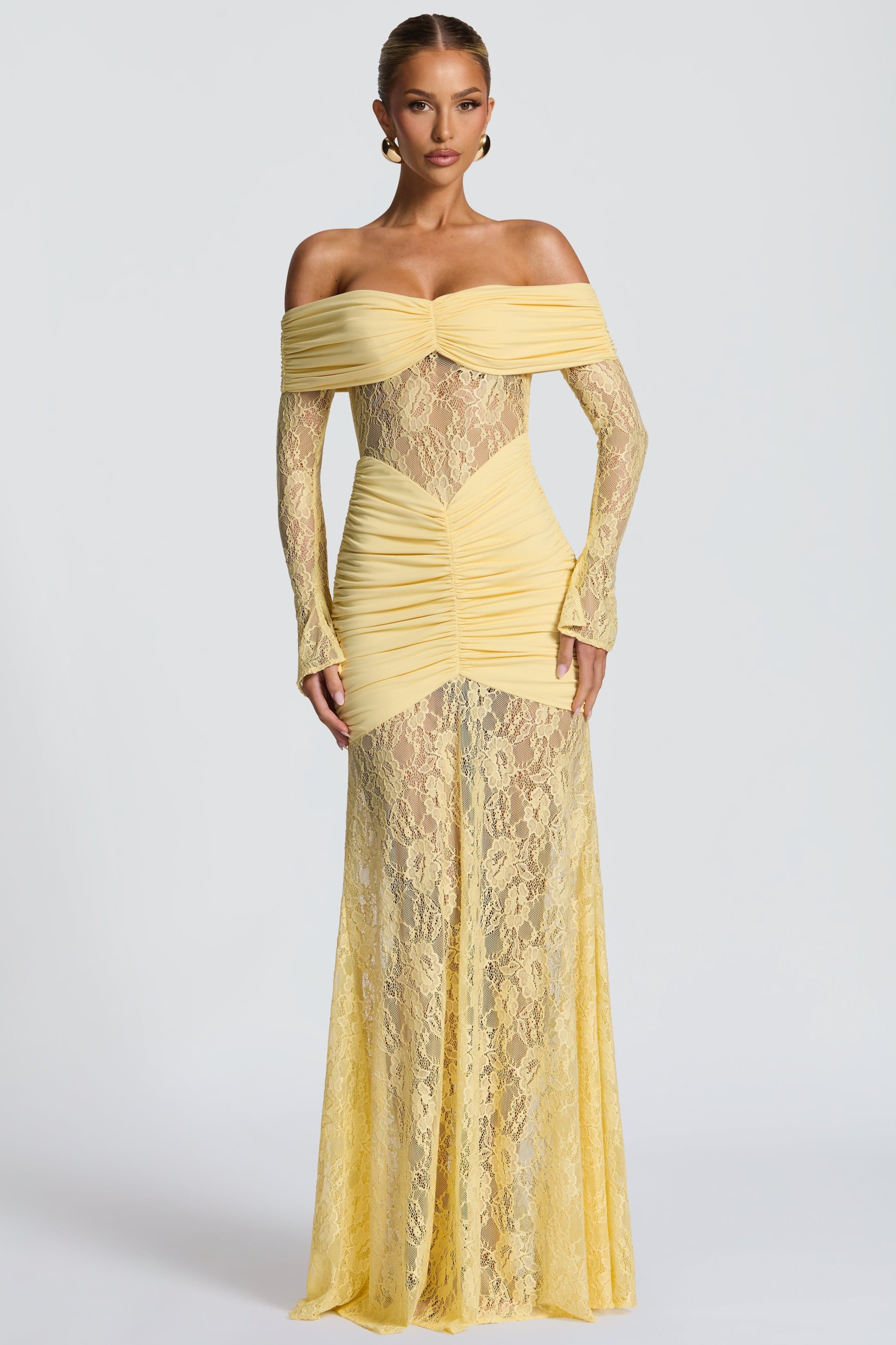 Lace Long Sleeve Strapless Maxi Dress