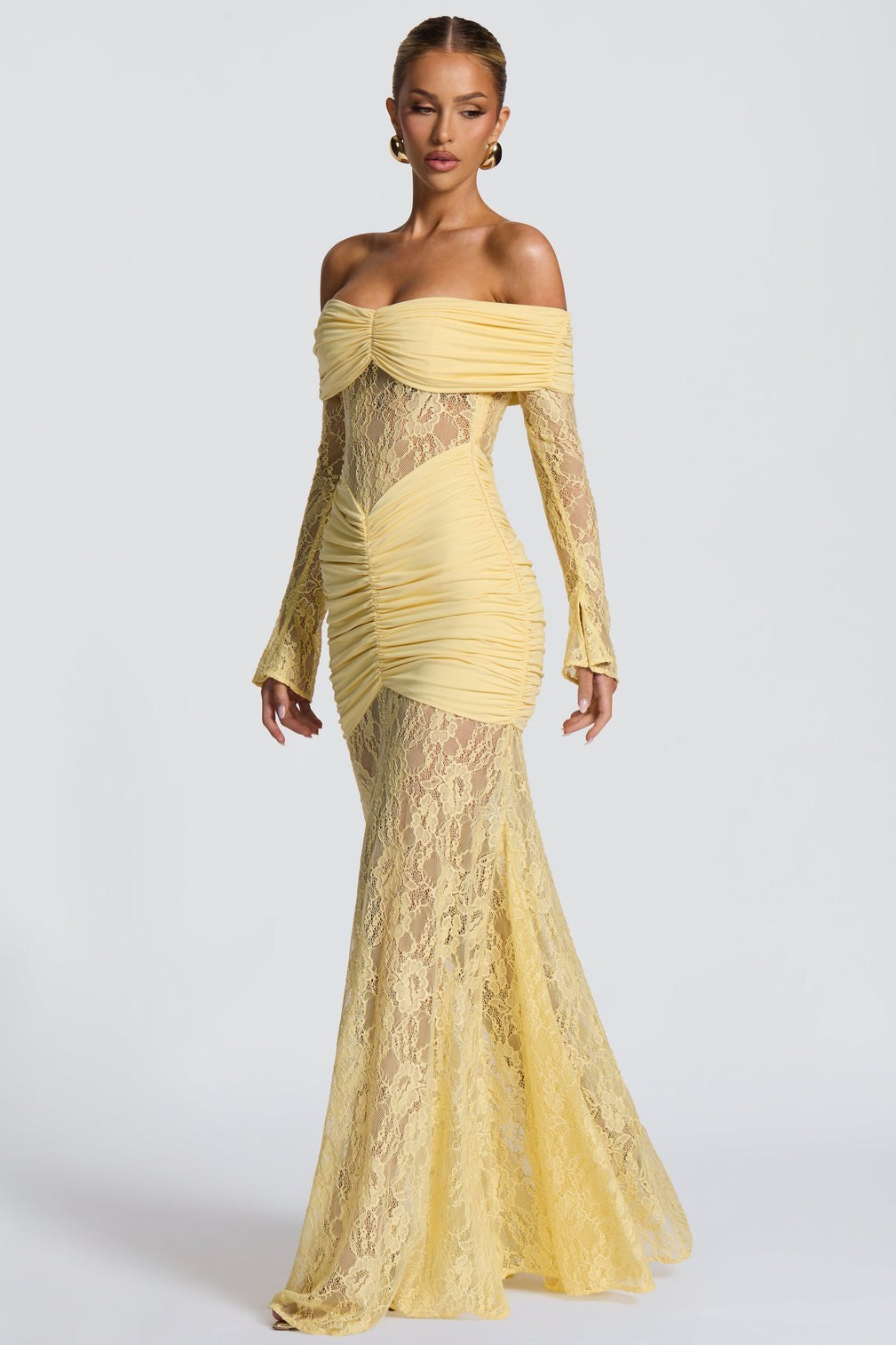 Lace Long Sleeve Strapless Maxi Dress