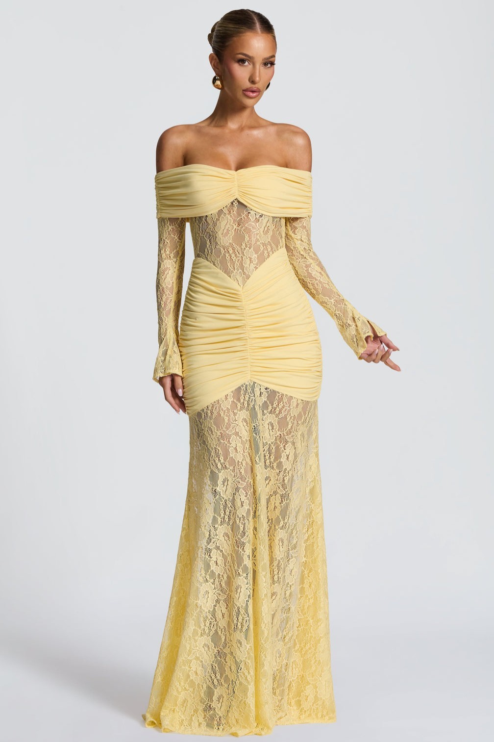 Lace Long Sleeve Strapless Maxi Dress