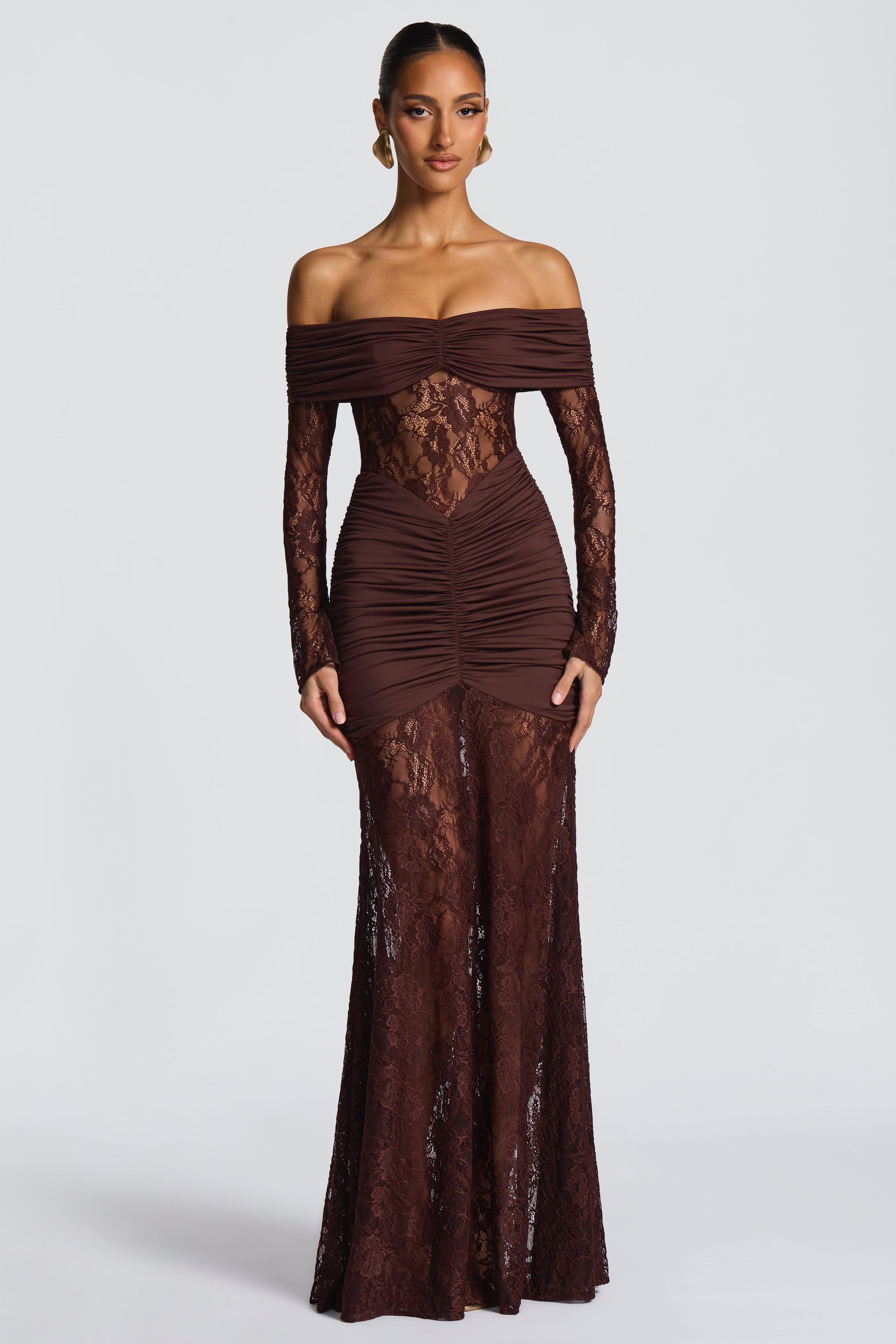 Lace Long Sleeve Strapless Maxi Dress