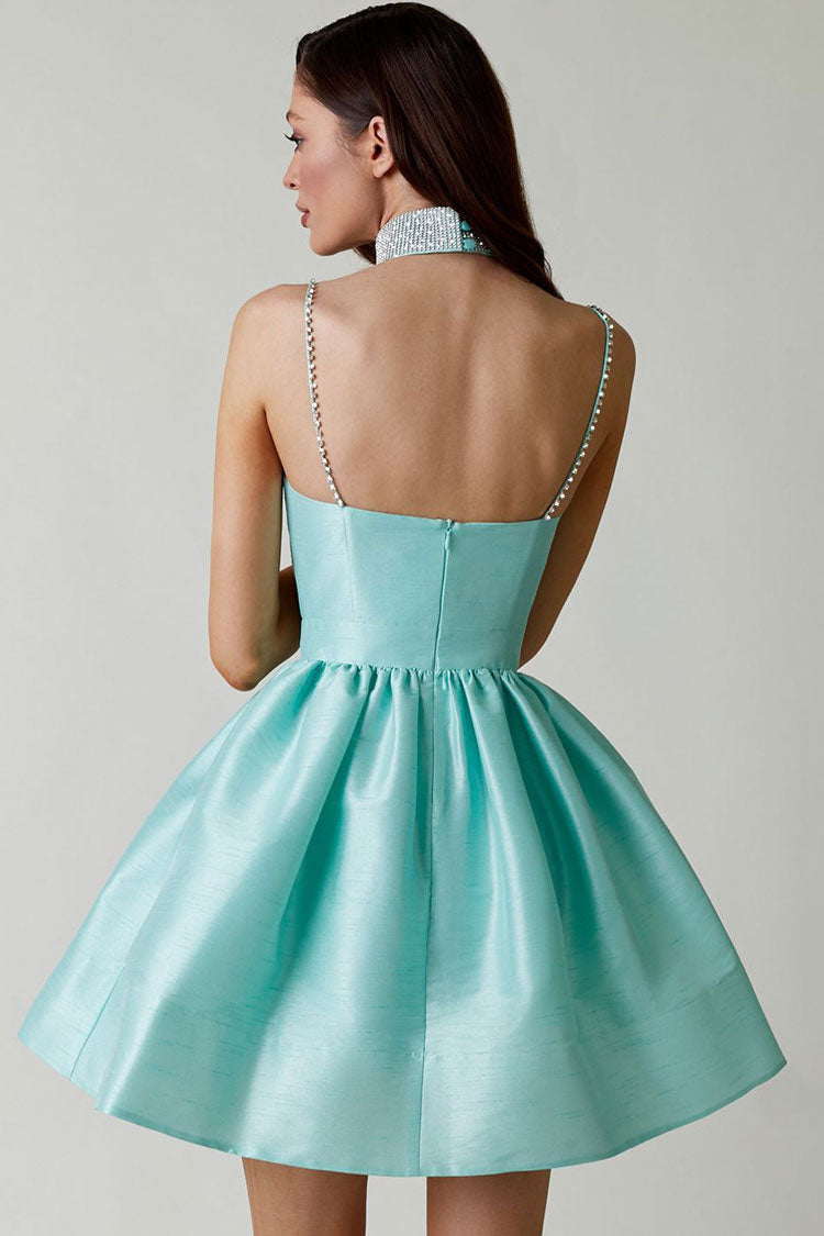 Minivestido lencero con escote corazón y pedrería