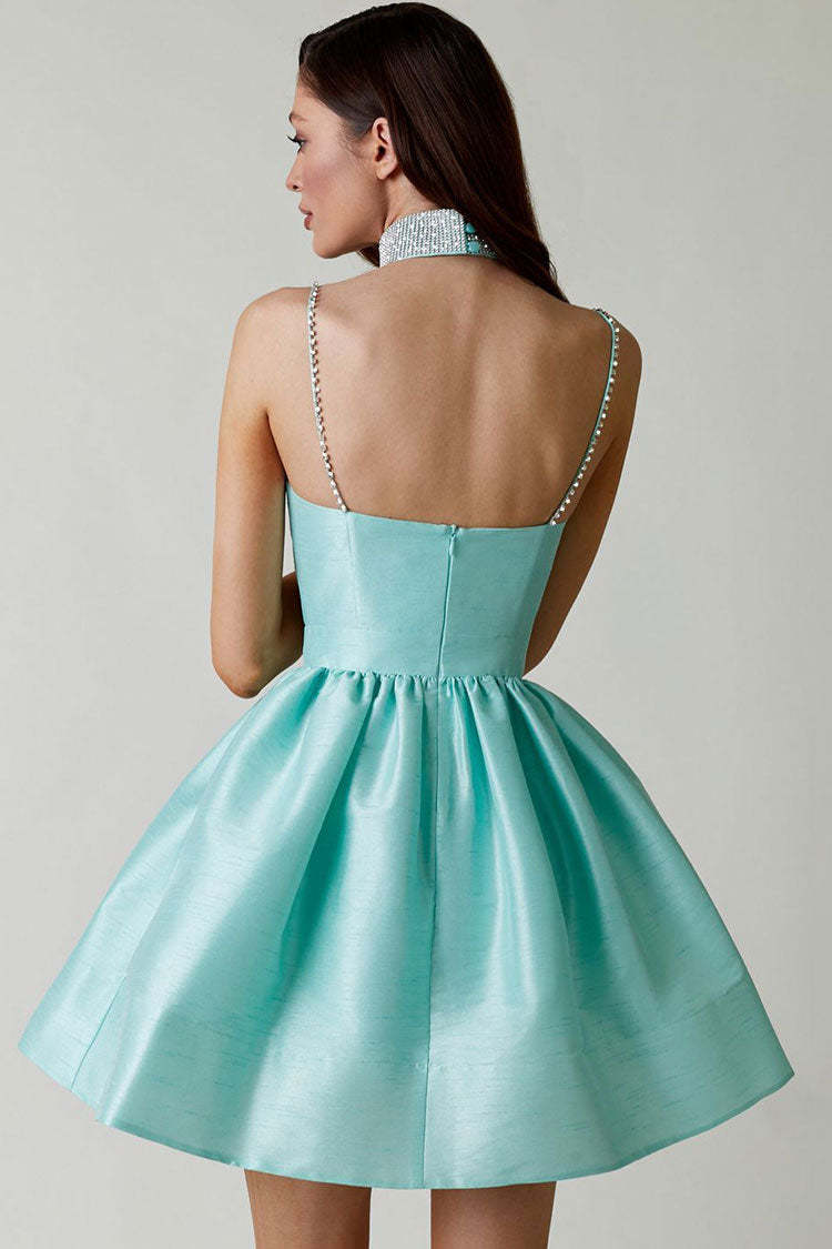 Minivestido lencero con escote corazón y pedrería