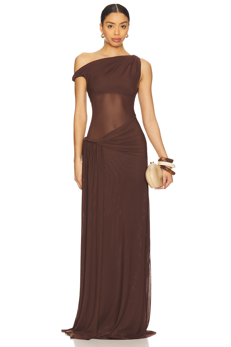 Mesh Off-Shoulder Knotted Maxi Dress