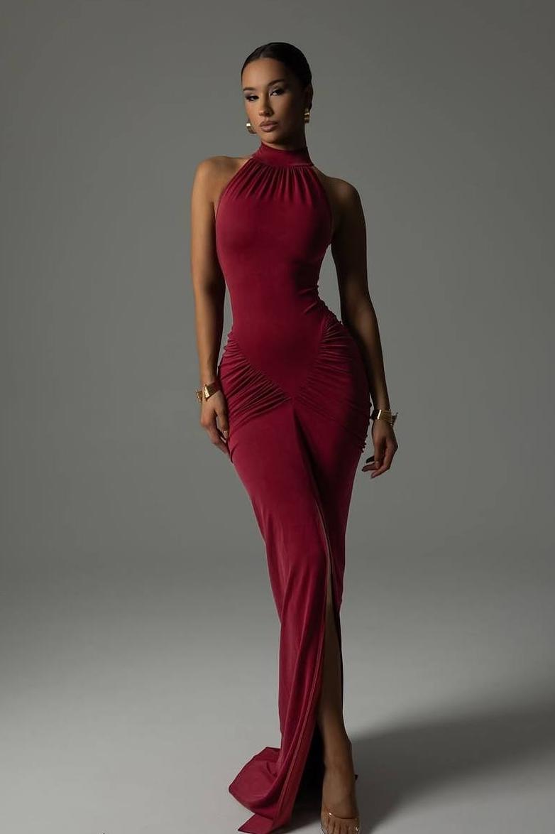 Solid Ruched Sleeveless Slit Maxi Dress