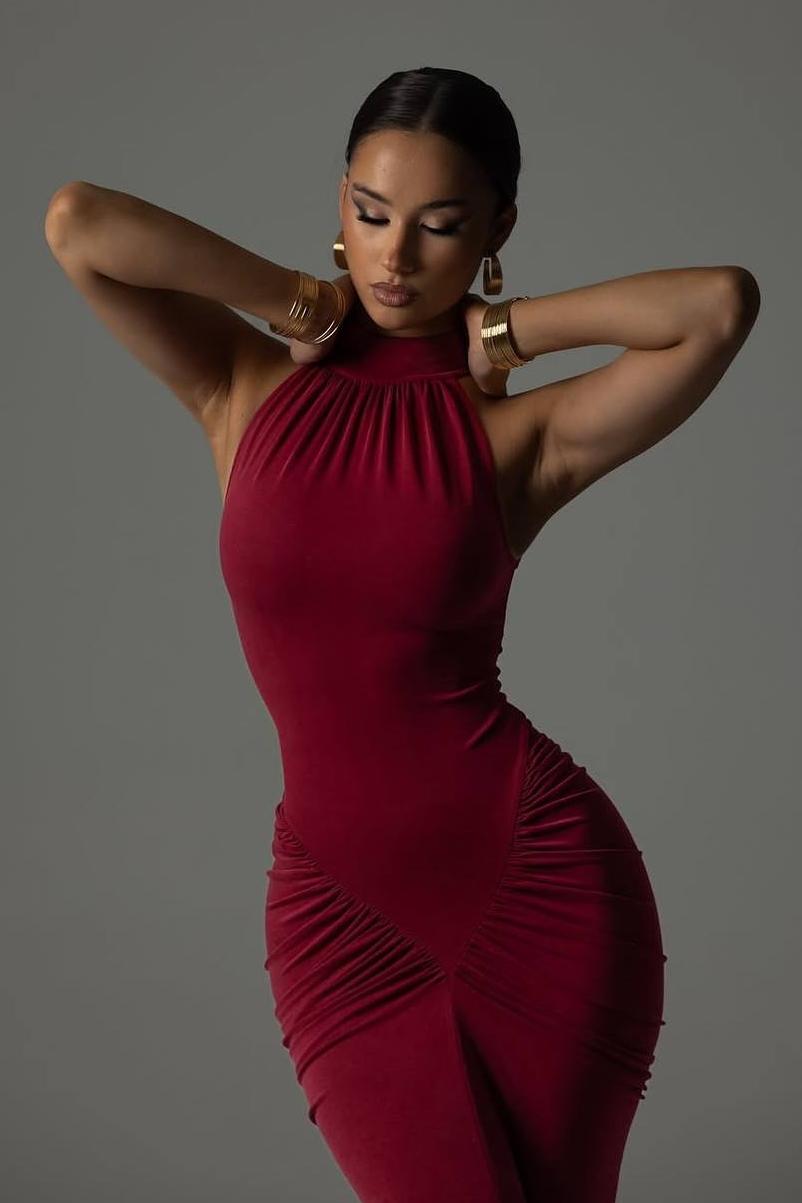 Solid Ruched Sleeveless Slit Maxi Dress