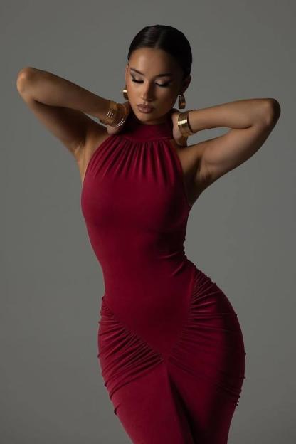 Solid Ruched Sleeveless Slit Maxi Dress