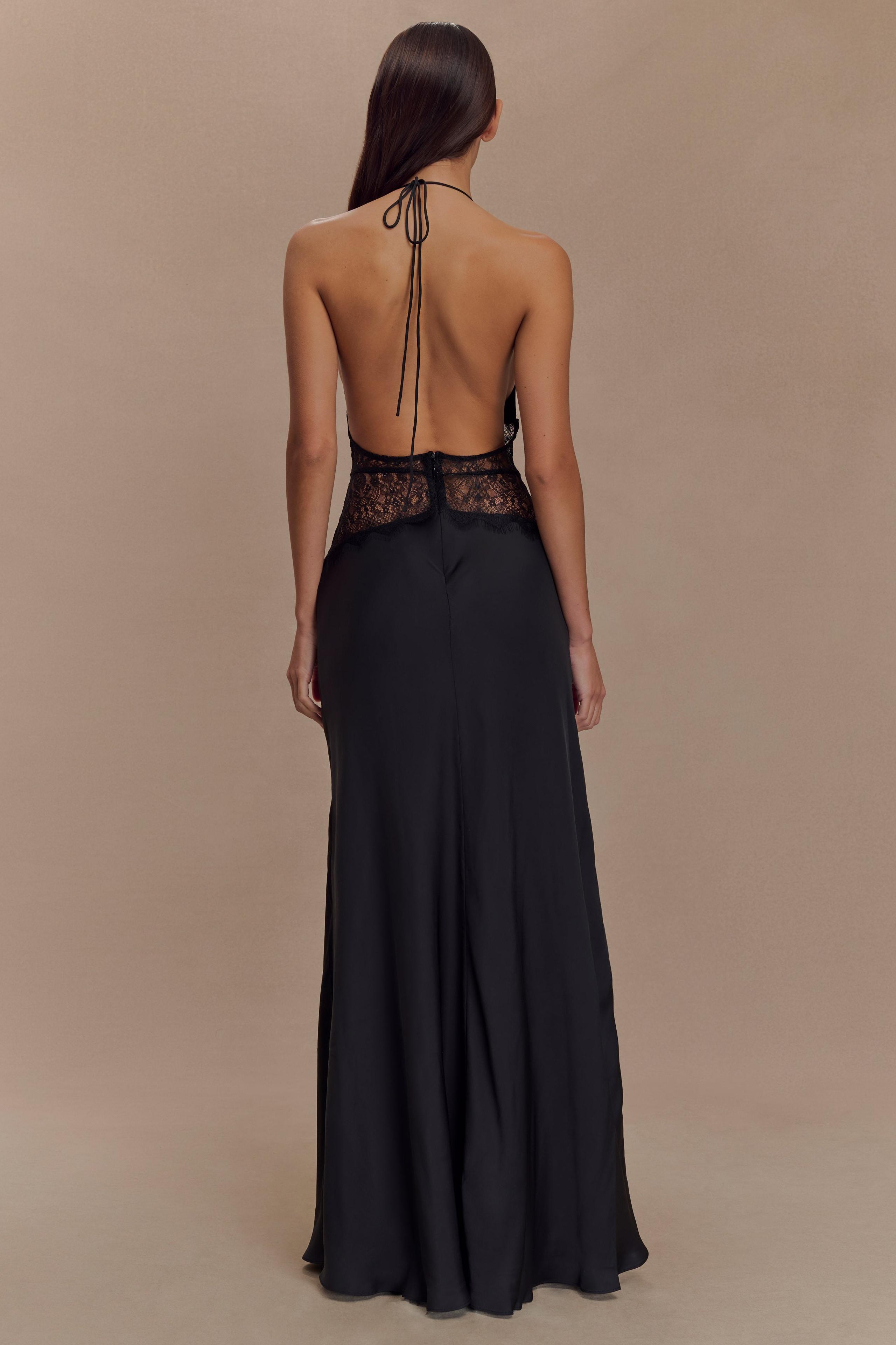 Satin Splicing Lace Halter Neck Maxi Dress