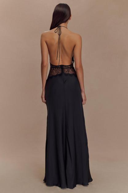 Satin Splicing Lace Halter Neck Maxi Dress
