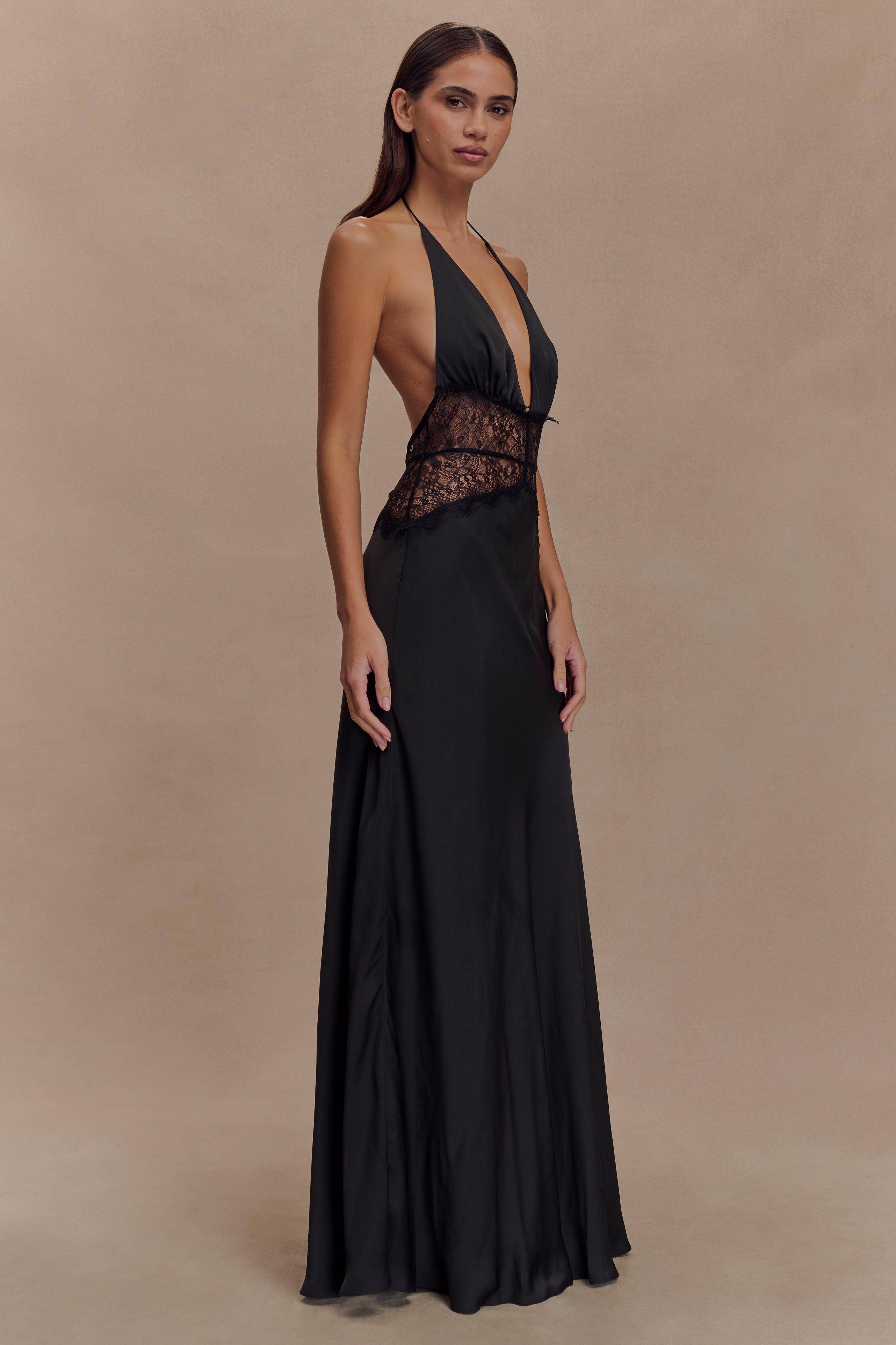Satin Splicing Lace Halter Neck Maxi Dress