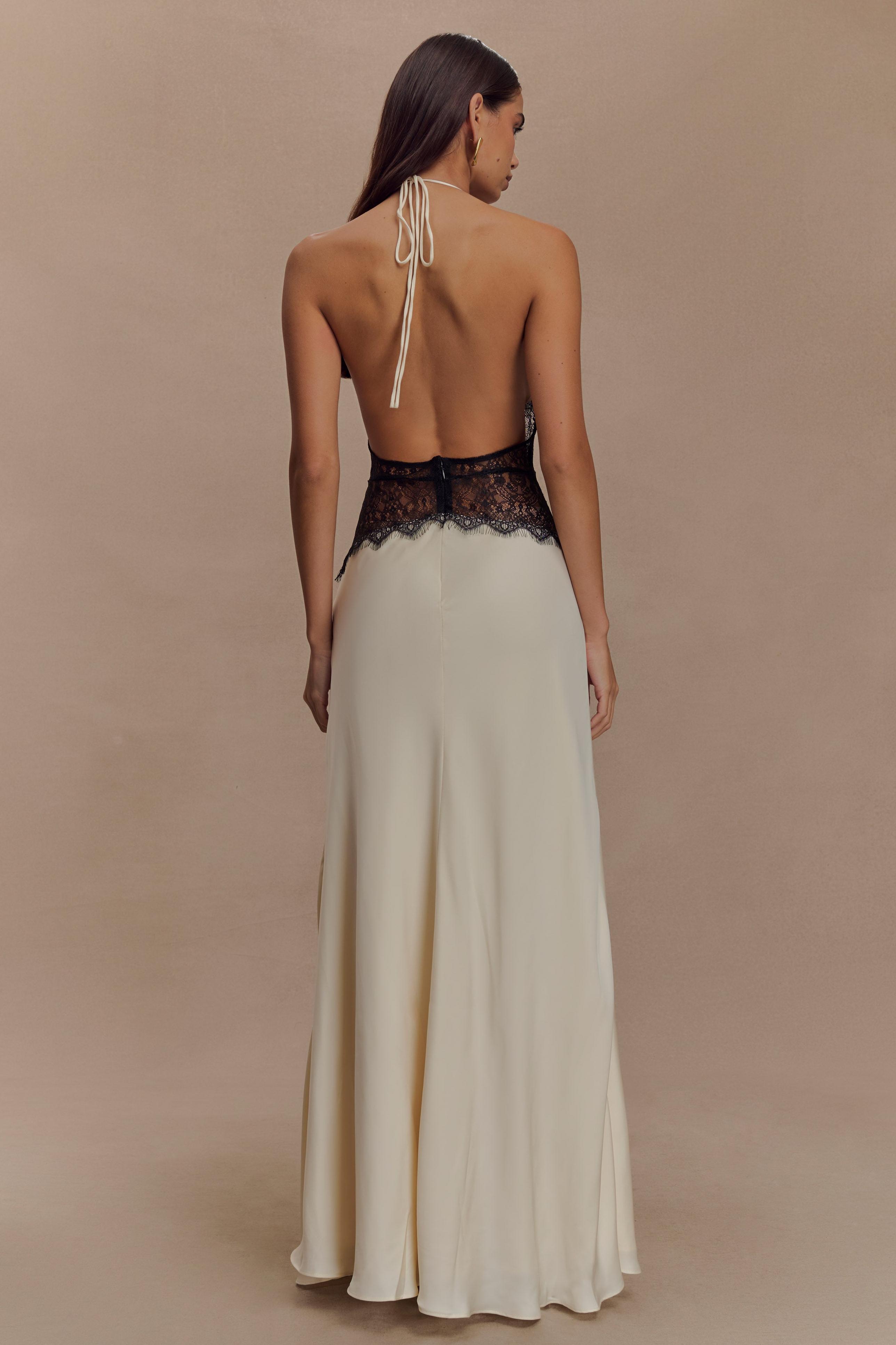 Satin Splicing Lace Halter Neck Maxi Dress